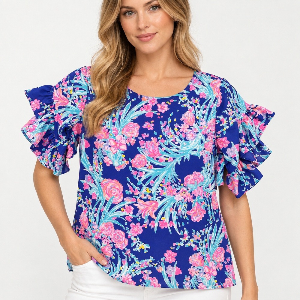 Lilly Pulitzer Floral Ruffle Sleeve Top Blue Pink Tropical Blouse Womens Small